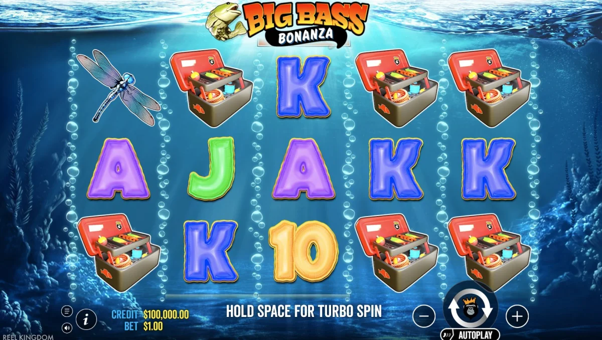 Basisspiel mit 5x3-Raster und Angelsymbolen bei 1 Euro Einsatz bei Big Bass Bonanza