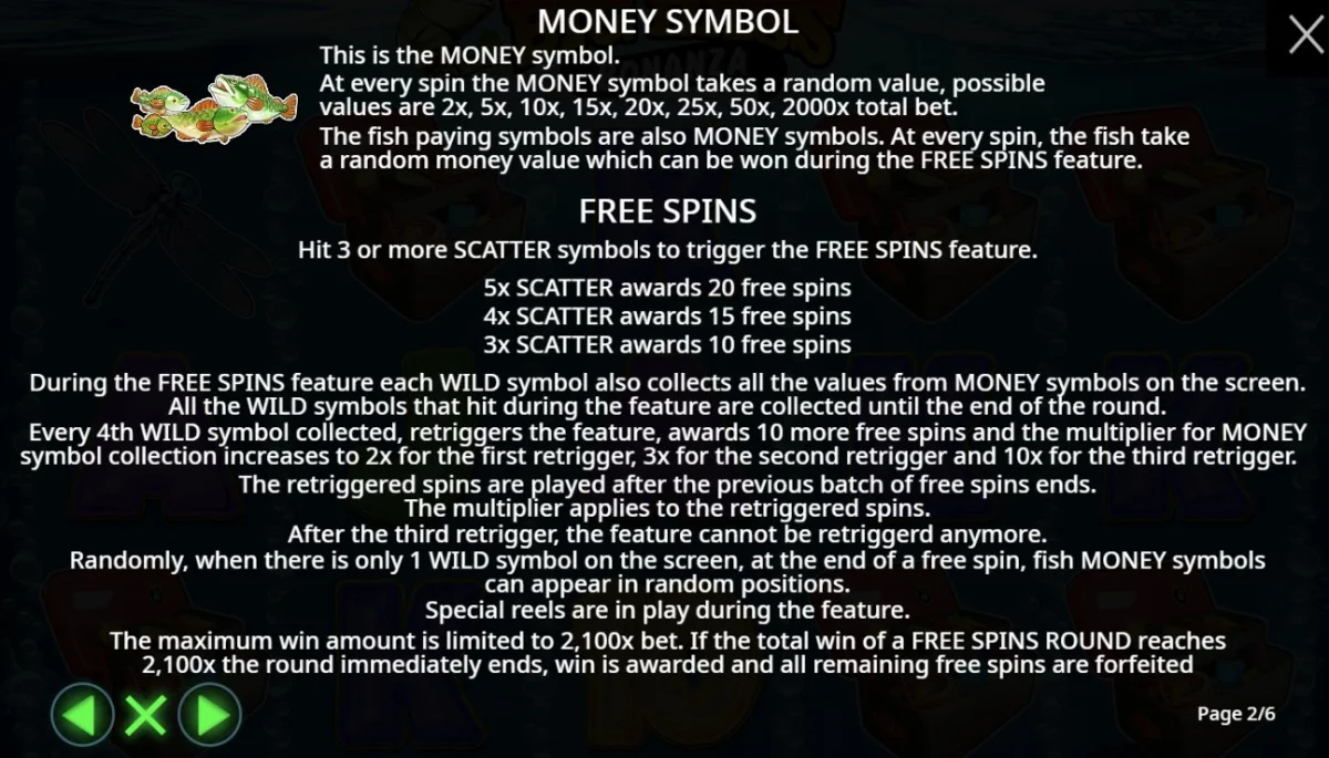 Freispielregeln mit Money-Symbol-Werten und Verlaengerungs-Multiplikatoren bis 10x bei Big Bass Bonanza