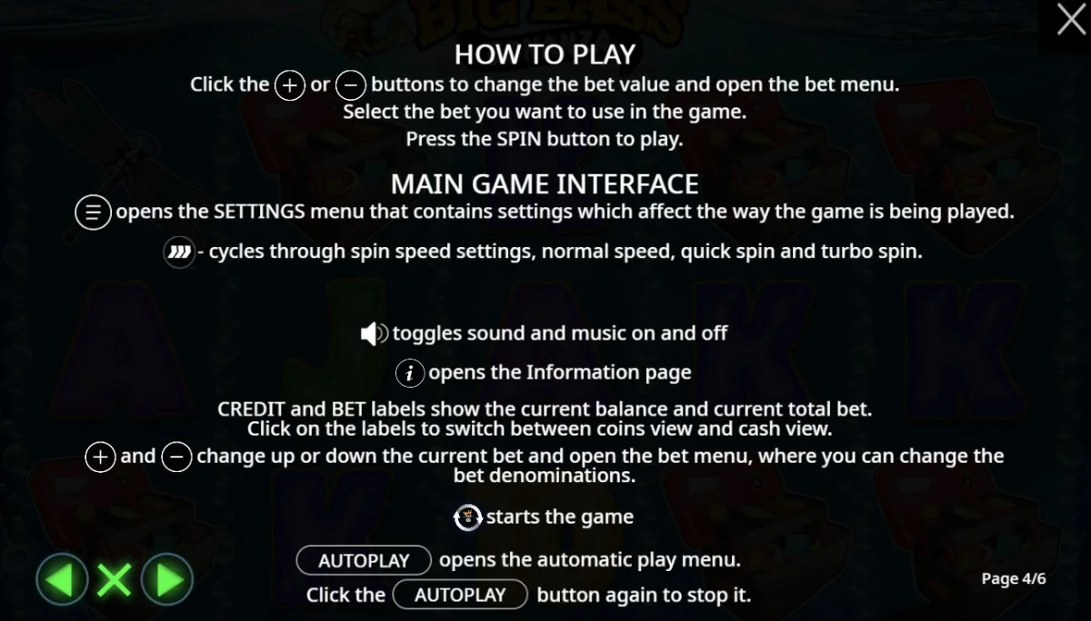 How to play interface showing bet controls and spin button in Big Bass Bonanza