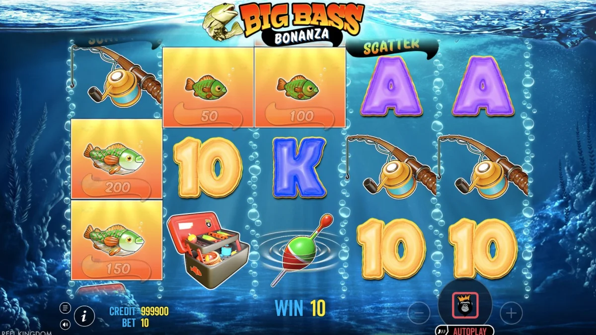 Symbole ryb pieniężnych z wartościami 50 100 150 200 i symbol Scatter w Big Bass Bonanza